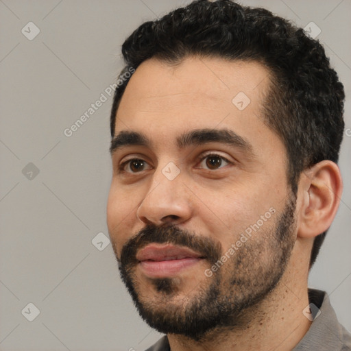 Neutral latino young-adult male with short  black hair and brown eyes