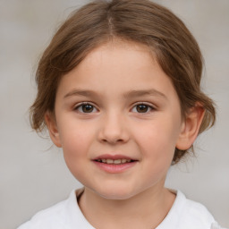 Joyful white child female with medium  brown hair and brown eyes