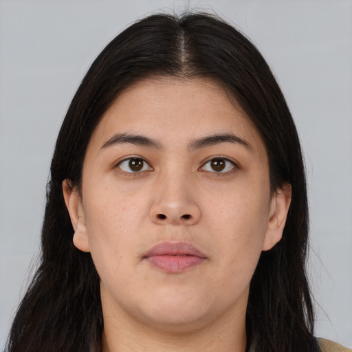 Neutral asian young-adult female with long  brown hair and brown eyes