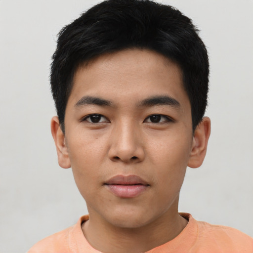 Neutral asian young-adult male with short  black hair and brown eyes