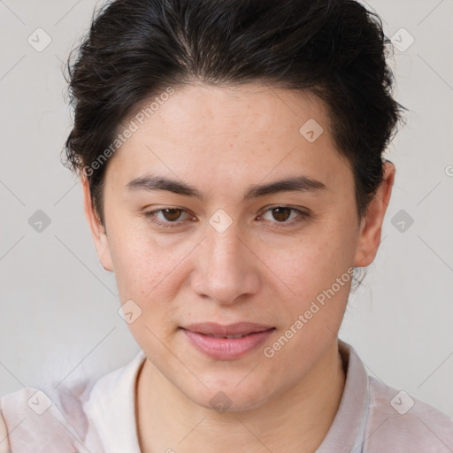 Joyful white young-adult female with short  brown hair and brown eyes