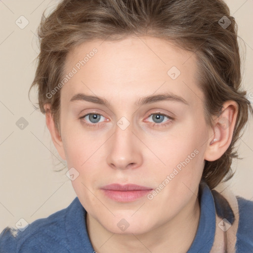 Neutral white young-adult female with medium  brown hair and grey eyes