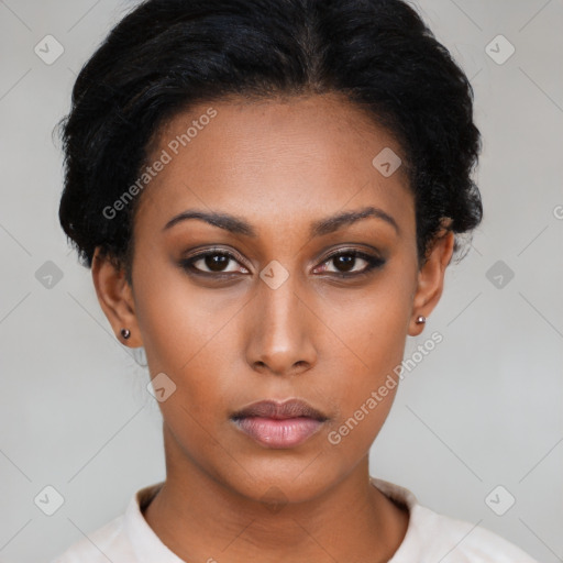 Neutral latino young-adult female with short  black hair and brown eyes