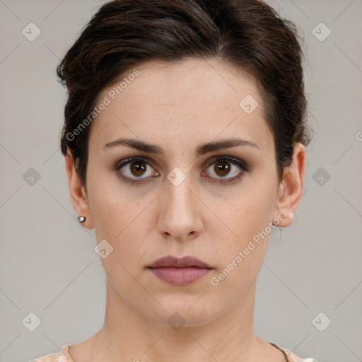 Neutral white young-adult female with short  brown hair and brown eyes