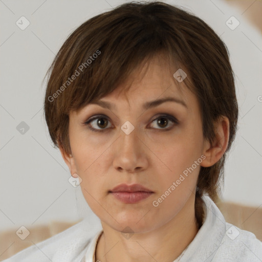 Neutral white young-adult female with short  brown hair and brown eyes