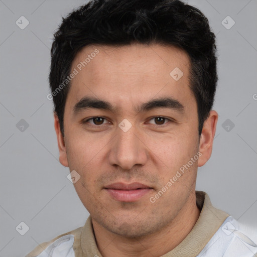 Neutral white young-adult male with short  black hair and brown eyes