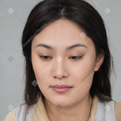 Neutral asian young-adult female with medium  brown hair and brown eyes