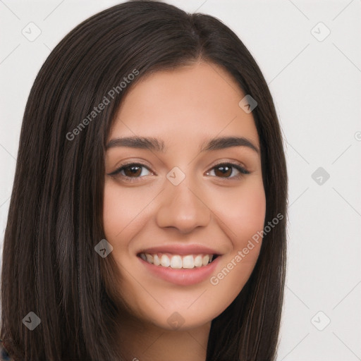 Joyful white young-adult female with long  black hair and brown eyes