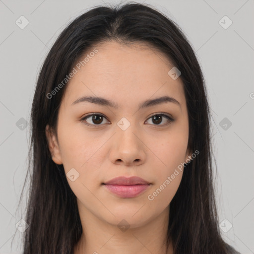 Neutral asian young-adult female with long  brown hair and brown eyes