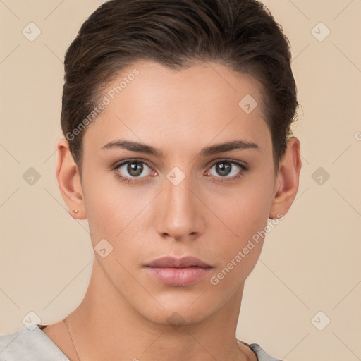 Neutral white young-adult female with short  brown hair and brown eyes