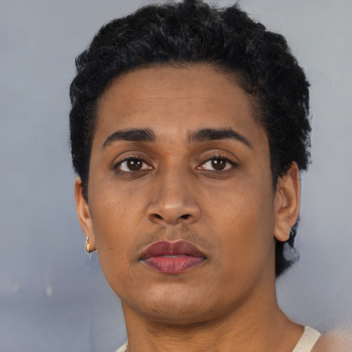 Neutral black young-adult female with short  brown hair and brown eyes