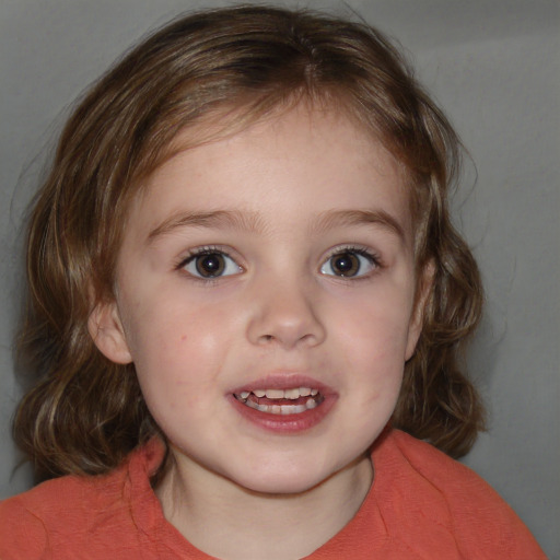 Joyful white child female with medium  brown hair and blue eyes