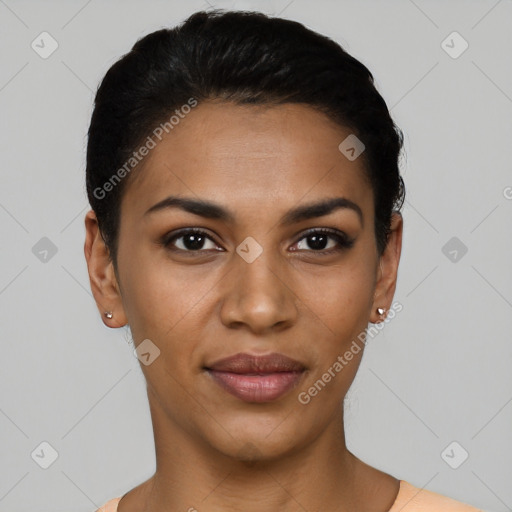 Joyful latino young-adult female with short  black hair and brown eyes