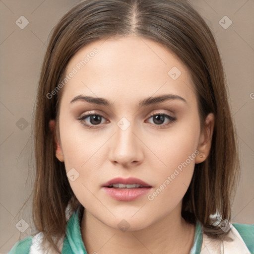 Neutral white young-adult female with medium  brown hair and brown eyes