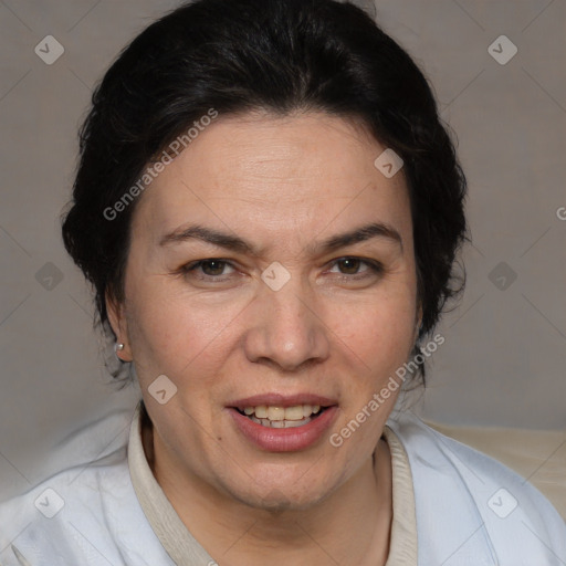 Joyful white adult female with short  brown hair and brown eyes