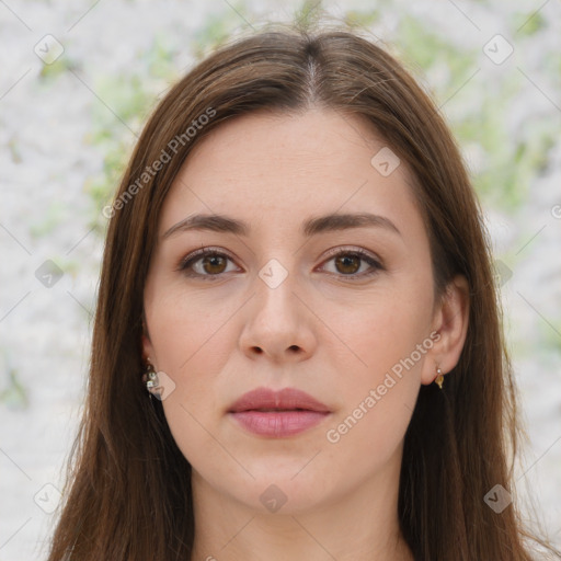 Neutral white young-adult female with long  brown hair and brown eyes