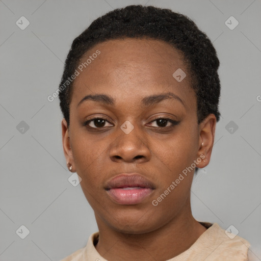 Neutral black young-adult female with short  black hair and brown eyes