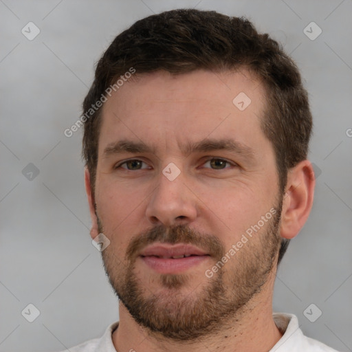 Neutral white young-adult male with short  brown hair and brown eyes