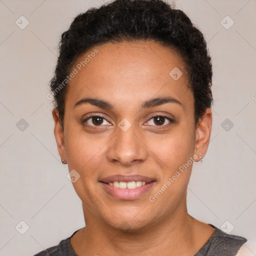 Joyful latino young-adult female with short  brown hair and brown eyes