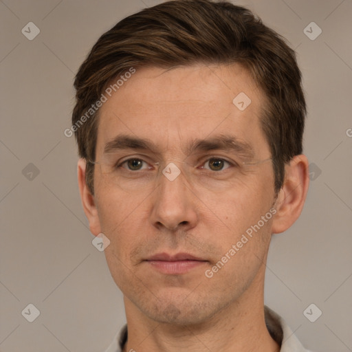 Neutral white adult male with short  brown hair and brown eyes