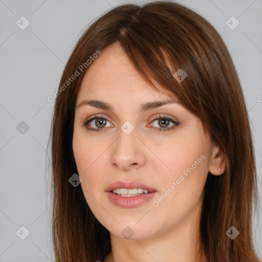 Neutral white young-adult female with long  brown hair and brown eyes