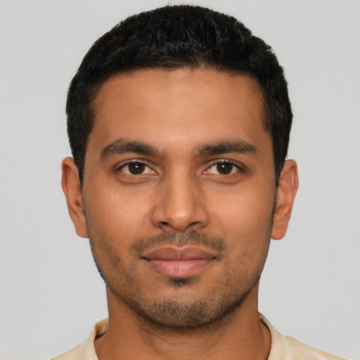 Neutral latino young-adult male with short  black hair and brown eyes