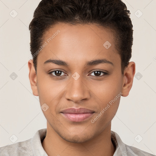 Joyful white young-adult female with short  brown hair and brown eyes