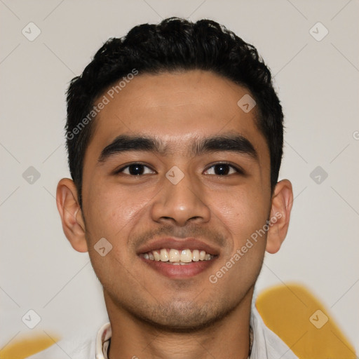 Joyful latino young-adult male with short  black hair and brown eyes