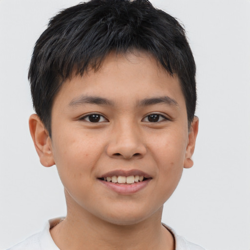 Joyful asian child male with short  brown hair and brown eyes
