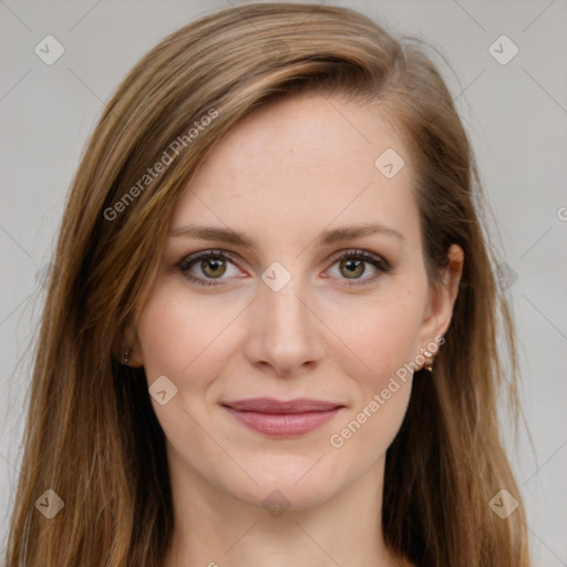 Joyful white young-adult female with long  brown hair and green eyes