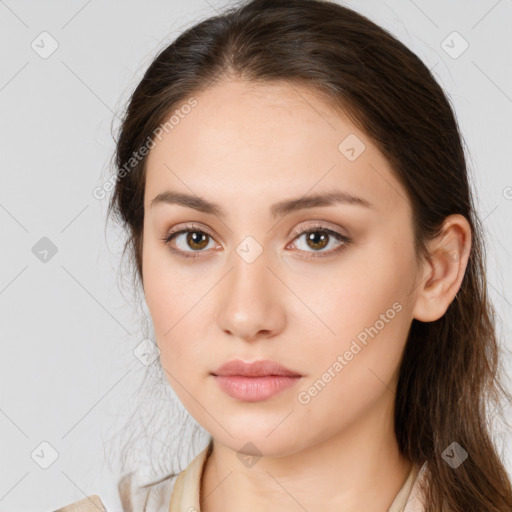 Neutral white young-adult female with long  brown hair and brown eyes