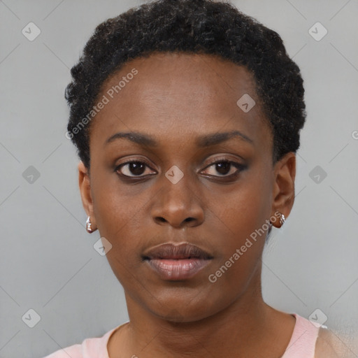 Neutral black young-adult female with short  brown hair and brown eyes