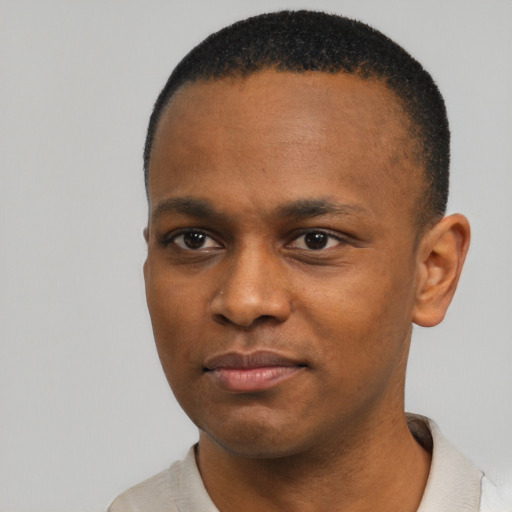 Joyful black young-adult male with short  black hair and brown eyes