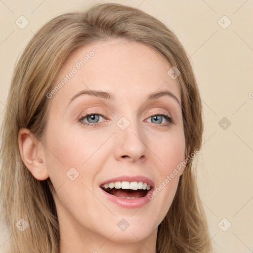 Joyful white young-adult female with long  brown hair and green eyes