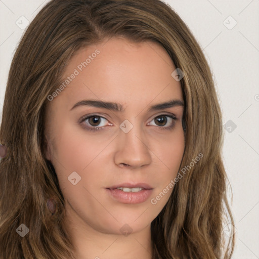 Neutral white young-adult female with long  brown hair and brown eyes