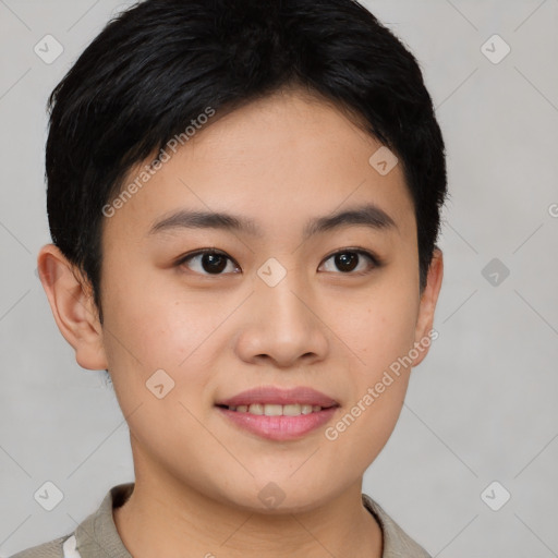 Joyful asian young-adult female with short  brown hair and brown eyes