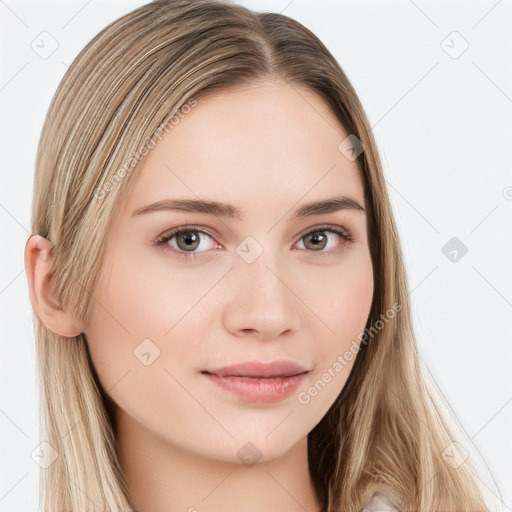 Neutral white young-adult female with long  brown hair and brown eyes