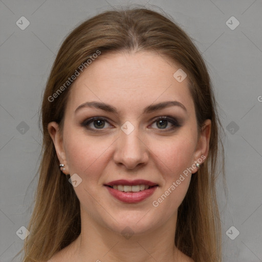 Joyful white young-adult female with long  brown hair and grey eyes