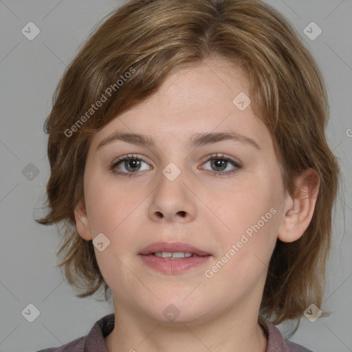 Neutral white young-adult female with medium  brown hair and brown eyes