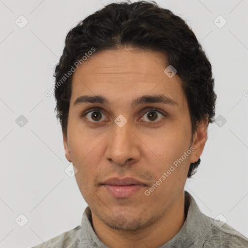 Neutral latino adult male with short  brown hair and brown eyes