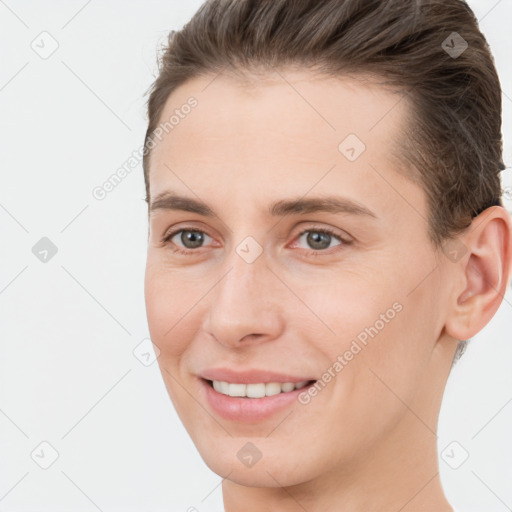 Joyful white young-adult female with short  brown hair and brown eyes