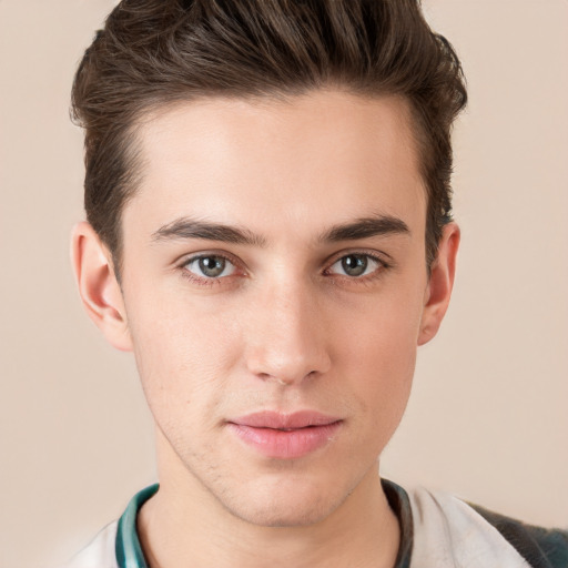 Neutral white young-adult male with short  brown hair and brown eyes