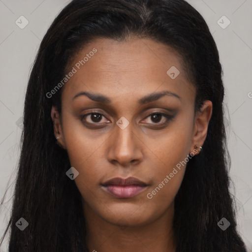 Neutral black young-adult female with long  brown hair and brown eyes