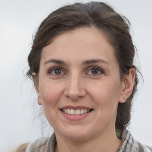 Joyful white adult female with medium  brown hair and grey eyes