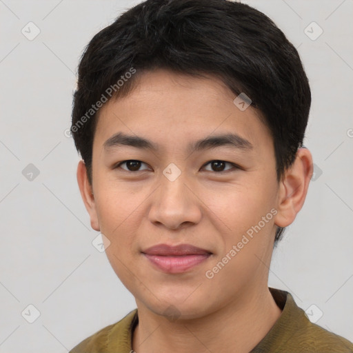 Joyful asian young-adult male with short  brown hair and brown eyes