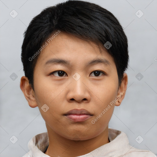 Neutral asian young-adult male with short  brown hair and brown eyes