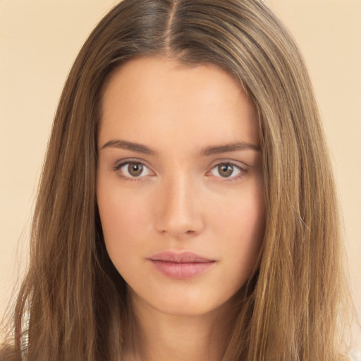 Neutral white young-adult female with long  brown hair and brown eyes