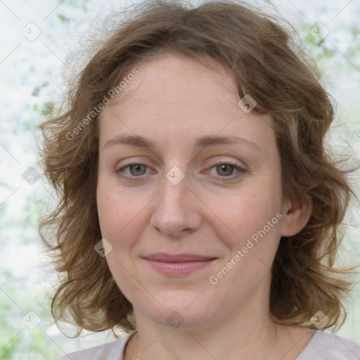 Joyful white young-adult female with medium  brown hair and green eyes