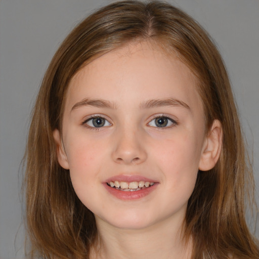 Joyful white child female with long  brown hair and brown eyes