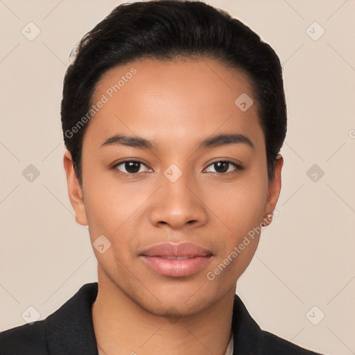 Joyful latino young-adult male with short  black hair and brown eyes